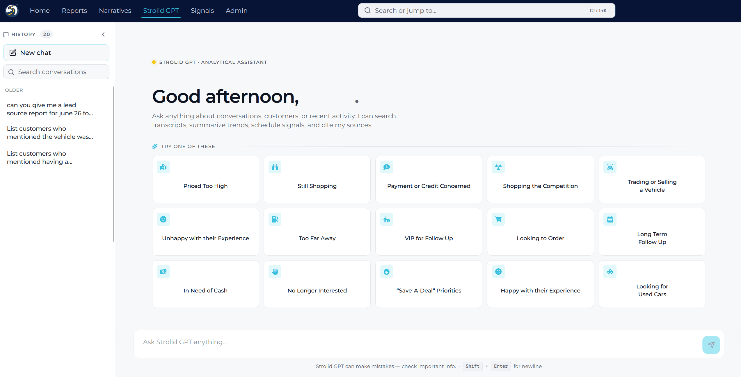 Strolid GPT analytical assistant with prompt shortcuts like Priced Too High, Still Shopping, and Payment or Credit Concerned