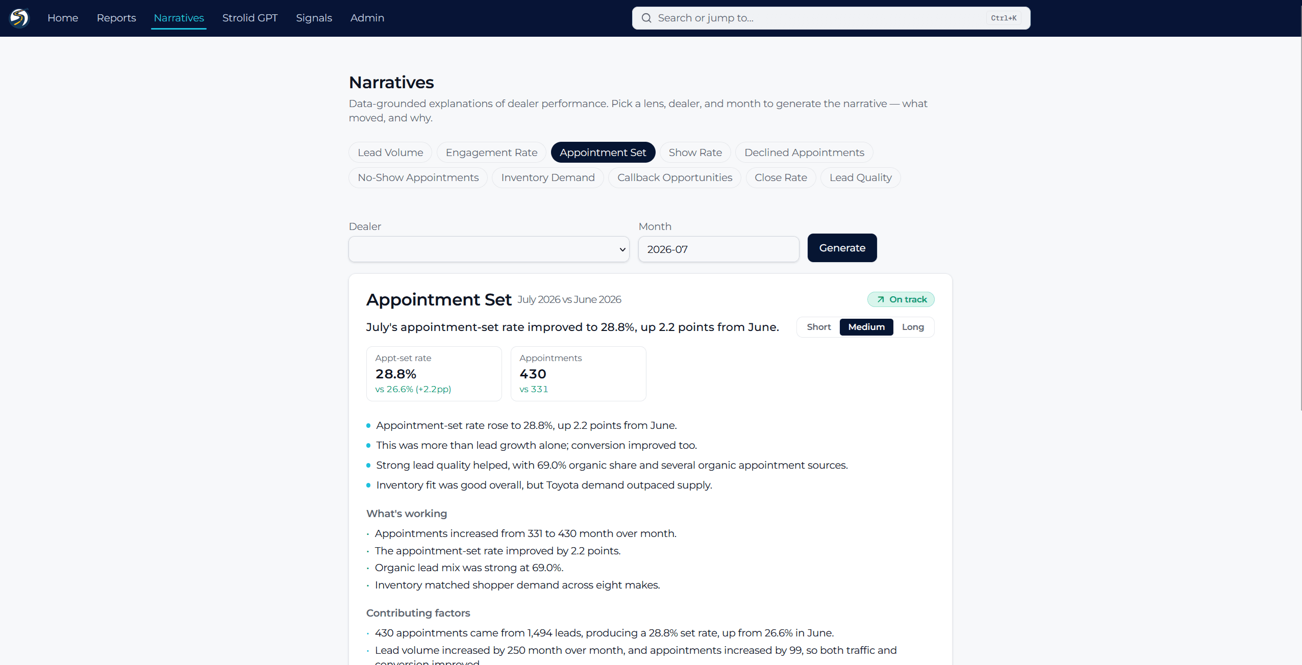 Portal Narratives page generating a data-grounded explanation of a dealer's appointment-set performance, with what's working and contributing factors