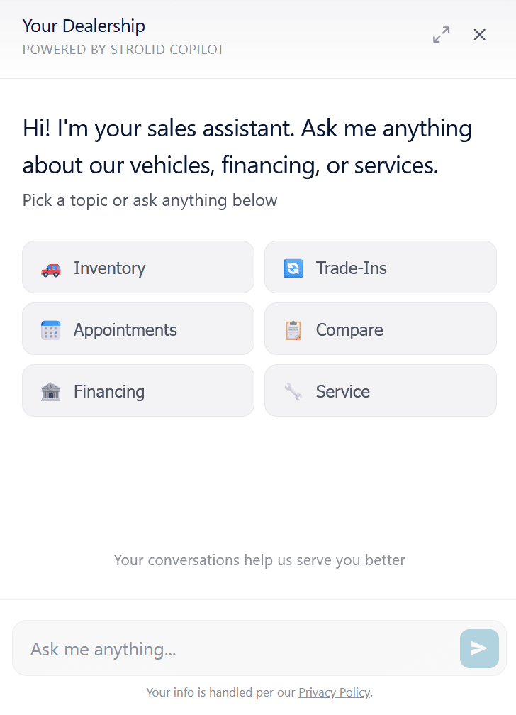 Dealer Copilot opening screen with topic buttons for inventory, trade-ins, appointments, comparisons, financing, and service, plus an open prompt