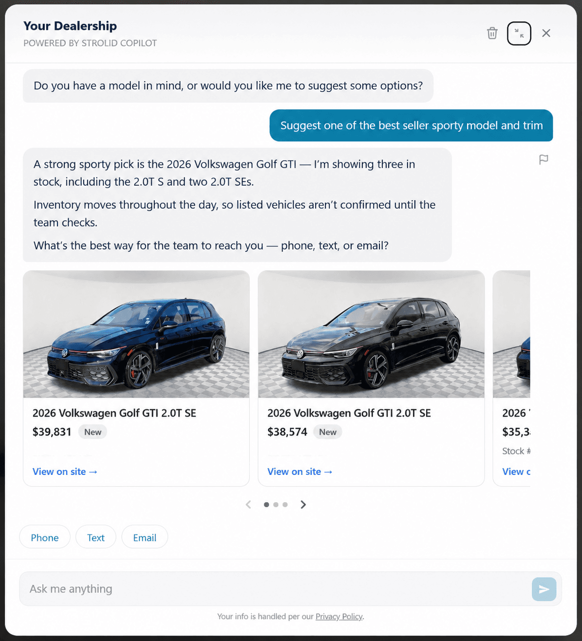 Dealer Copilot chat recommending in-stock vehicles with photos, trim, and pricing, then asking whether to follow up by phone, text, or email