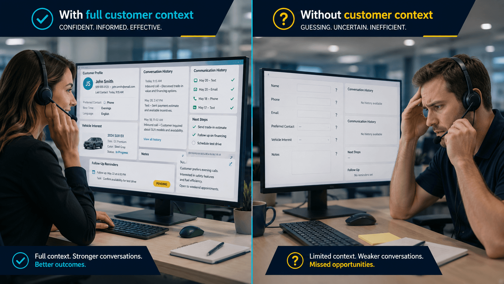 Side-by-side comparison of a BDC agent working with full customer context versus an agent guessing without context