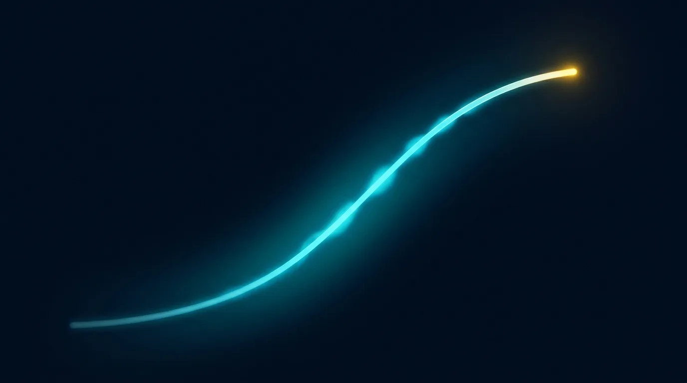 A single continuous cyan light-trail rising from bottom-left to a warm yellow terminal point at the upper right, representing a Strolid lead journey from arrival to booked appointment