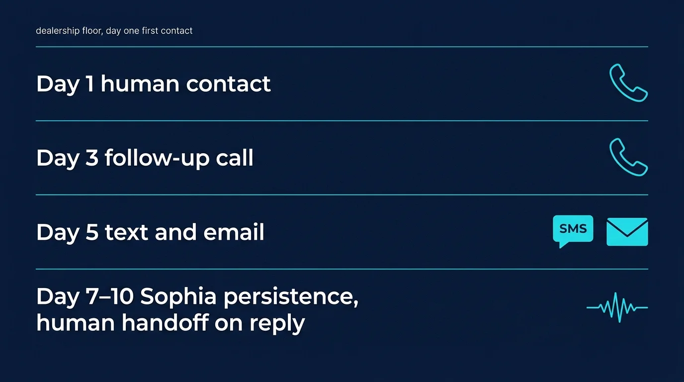Sophia follow-up cadence — Day 1 human contact, Day 3 follow-up call, Day 5 text and email, Day 7-10 Sophia persistence with human handoff on reply