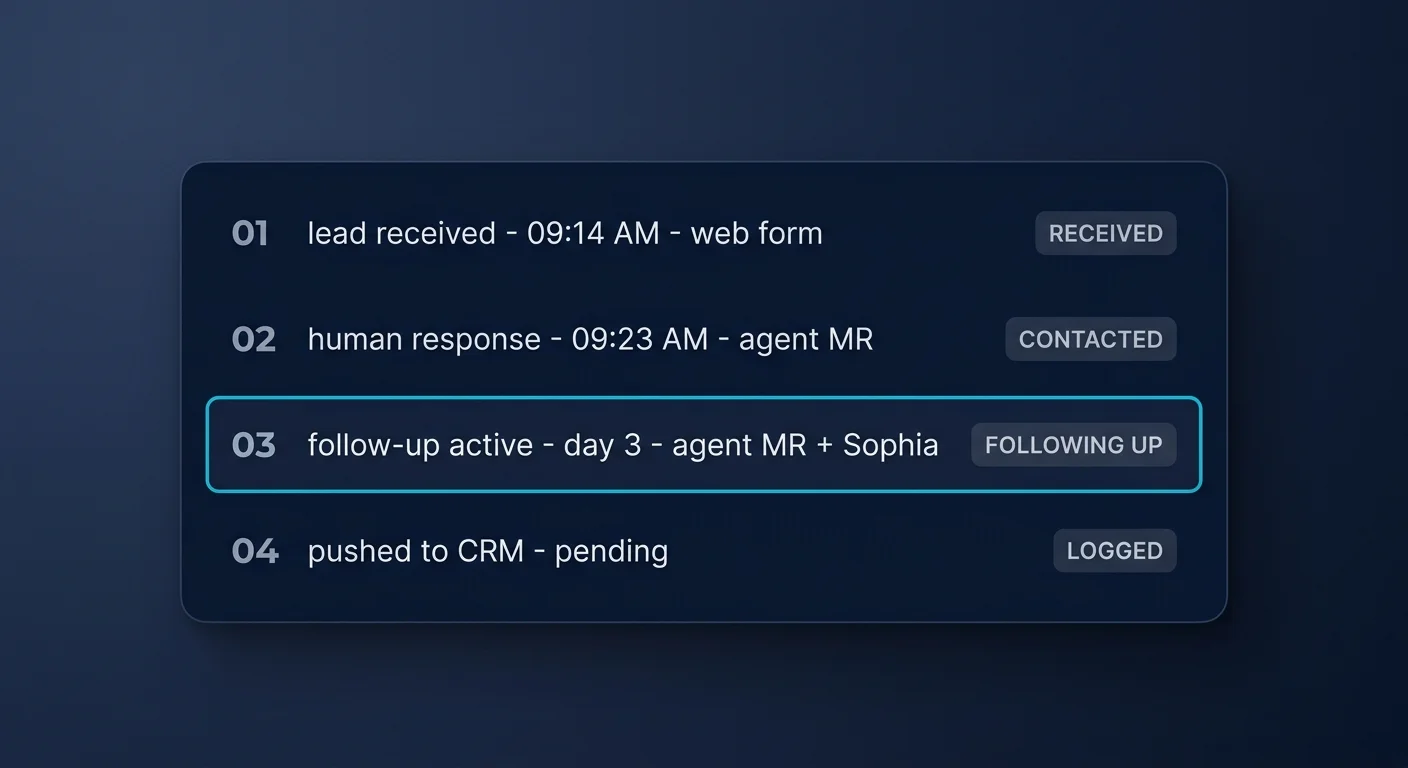 Process precision panel — lead received, human response, follow-up active, pushed to CRM
