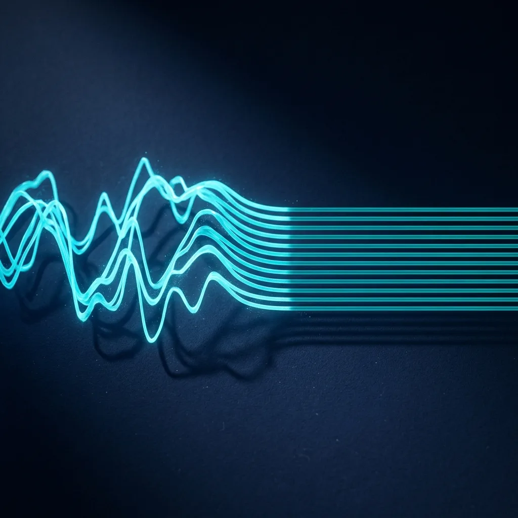 A loose cyan audio waveform on the left that resolves into clean parallel teal lines on the right, suggesting raw voice becoming structured output