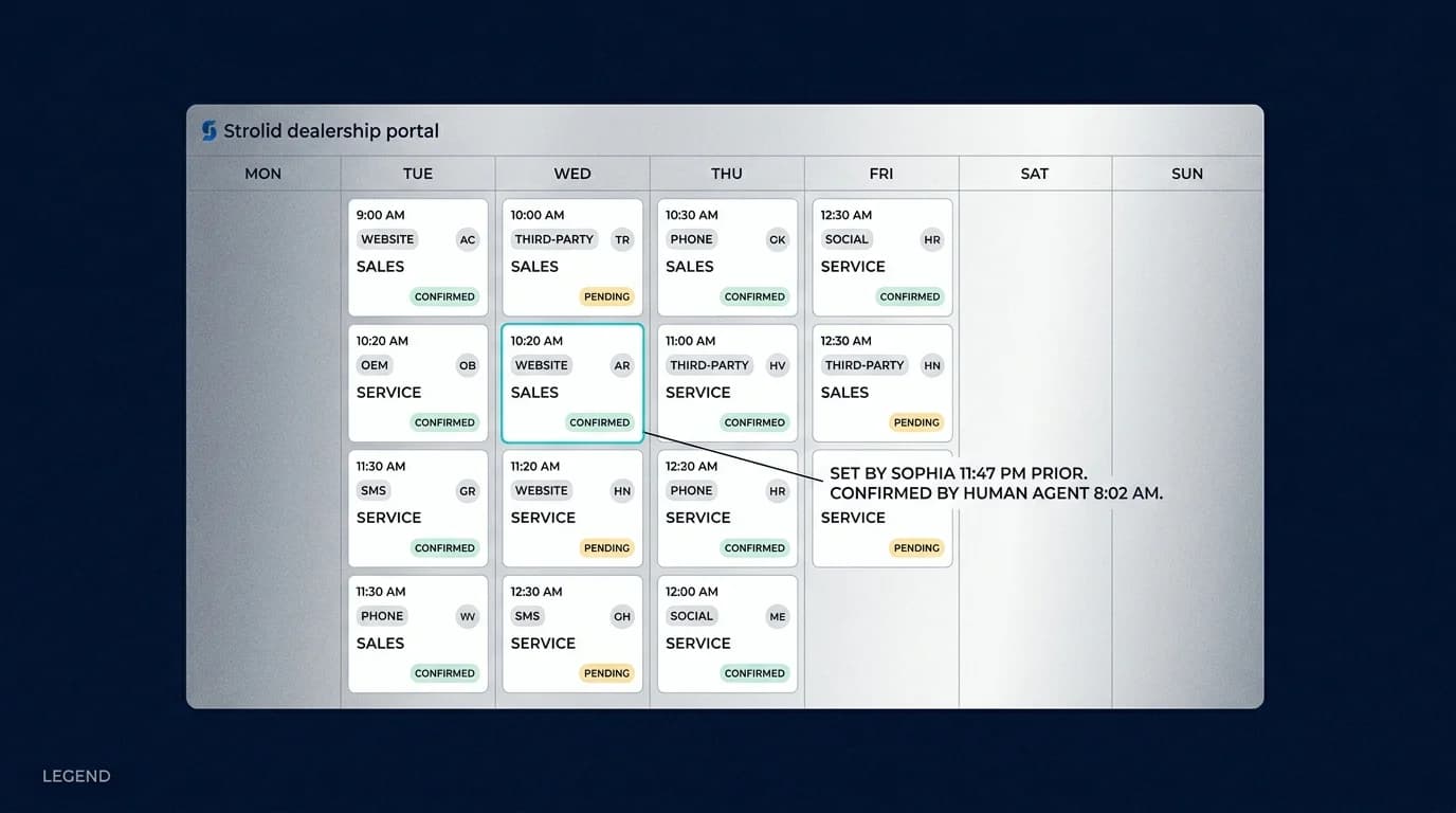 Strolid dealership portal week view — appointment grid across Monday through Sunday