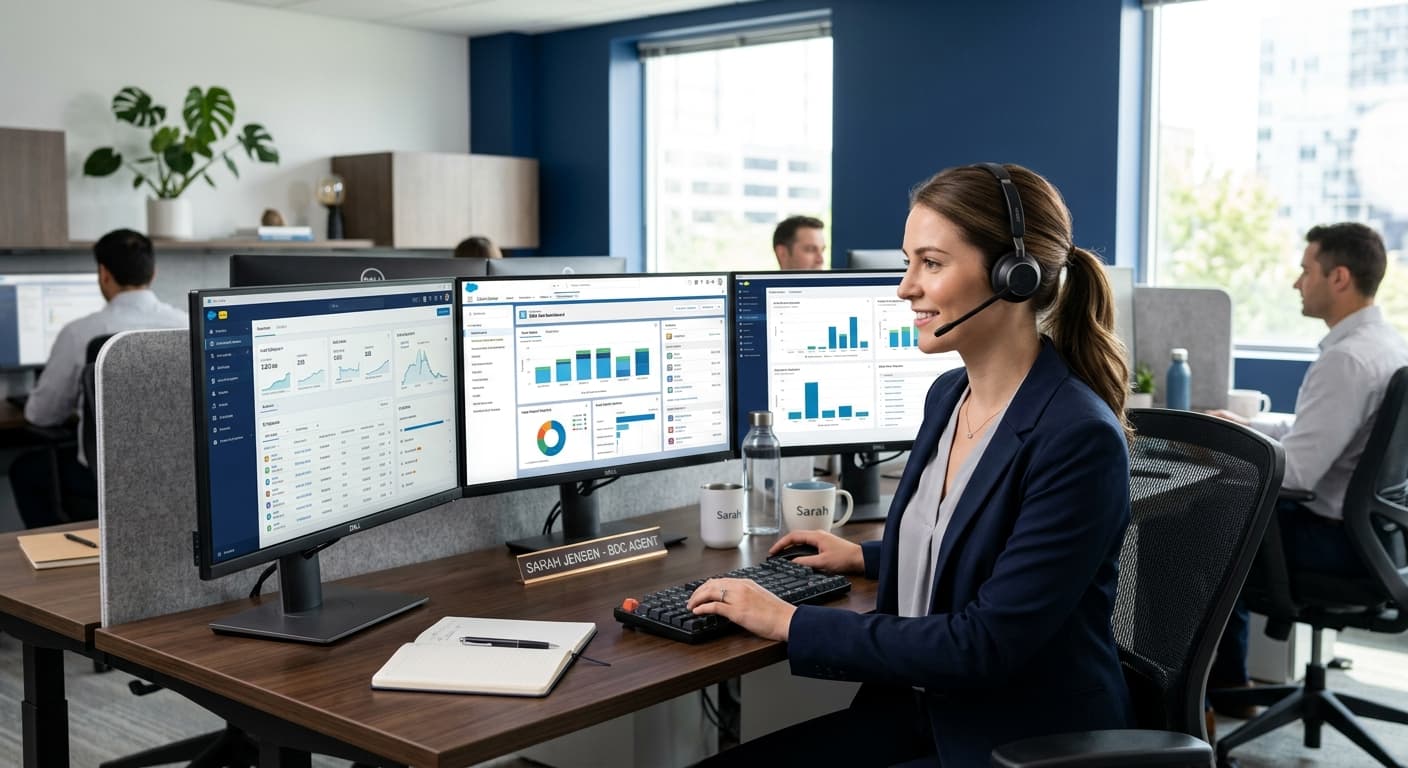 BDC agent at workstation with CRM dashboards on multiple monitors