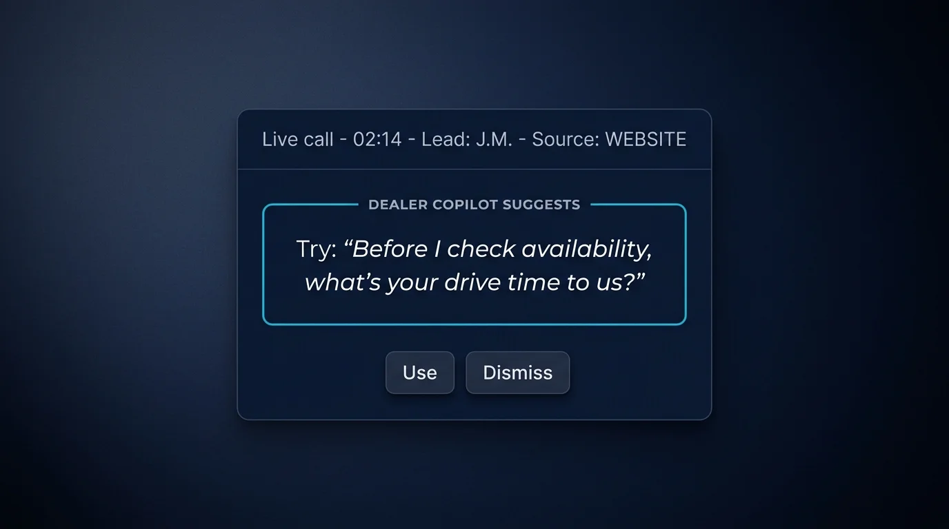 Dealer Copilot suggestion card — real-time AI guidance for a sales BDC agent during a live call