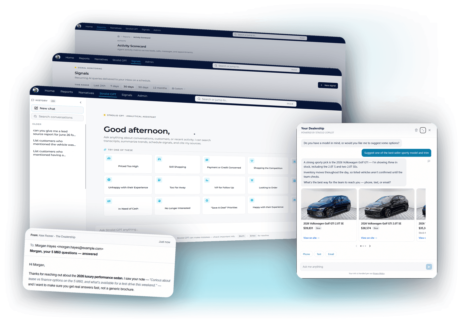 Strolid Platform product screens: the Portal's Strolid GPT, Signals, and Activity Scorecard dashboards stacked in perspective, with the Dealer Copilot chat panel and an AI Lead Response email reply in front